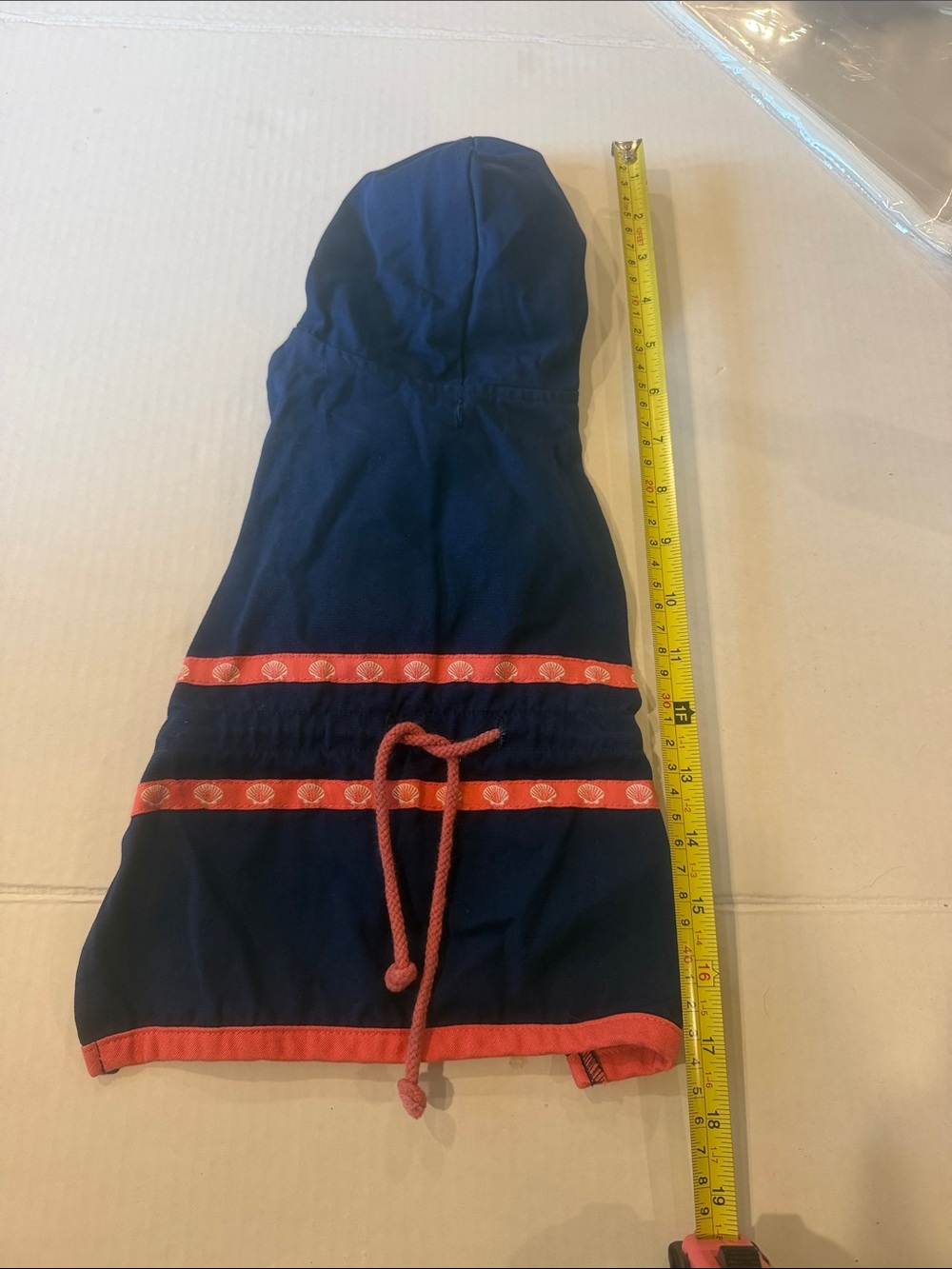 Navy Hooded dog Cover with Coral Trim